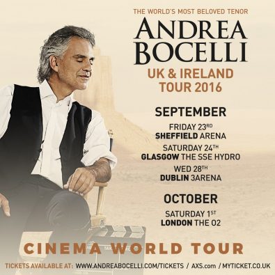 Andrea Bocelli to tour the UK and Ireland in 2016